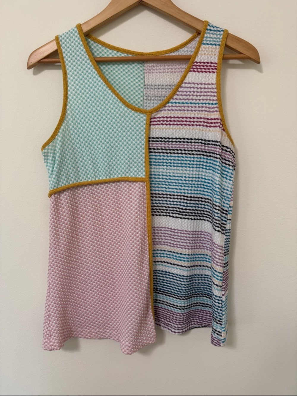 Colorblock Knit Tank Top with Mustard Trim - Mint & Pink